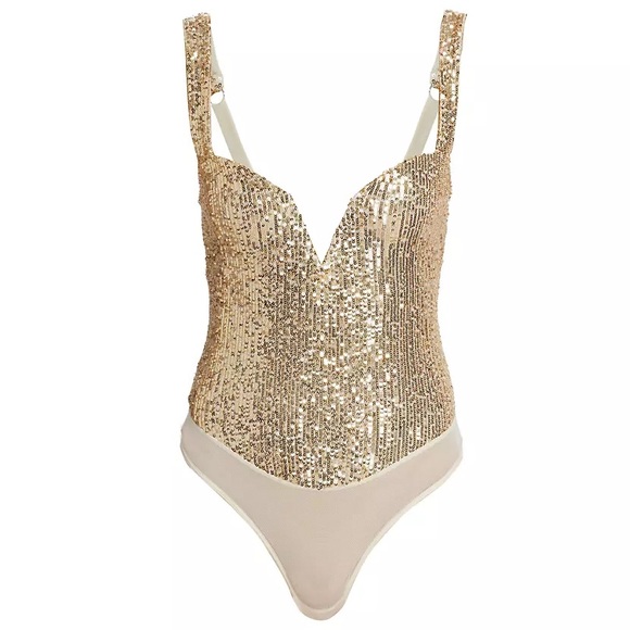INTIMATELY FREE PEOPLE Sparks Fly Iridescent Gold Shimmery Sequin Bodysuit SizeL - Picture 11 of 14